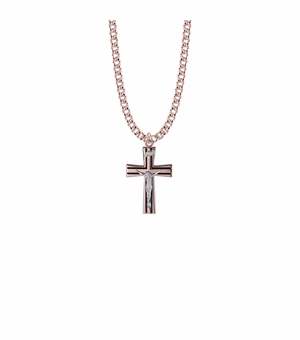 1 Inch Two-Tone Rose Gold Over Sterling Silver Black Enameled Crucifix Necklace