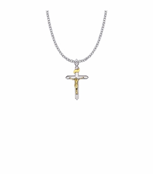 1 Inch Two-Tone Sterling Silver Lined Crucifix Necklace