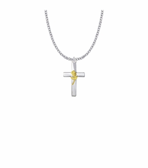 1 Inch Two-Tone Sterling Silver Rose on Cross Necklace