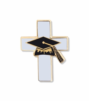 1 x 11/16 Inch Gold Enameled Graduation and Cross Lapel Pin