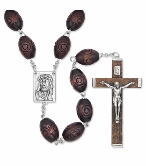 10.5mm Oval Brown Wood Carved Beads Rosary with Wood Crucifix and Christ Center