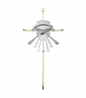 10 Inch Brass and Pewter "Seven Gifts of the Holy Spirit" Centered Dove Wall Cross