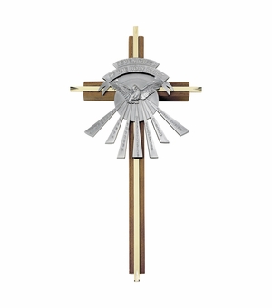 10 Inch Brass and Wood "Seven Gifts of the Holy Spirit" Centered Pewter Dove Wall Cross