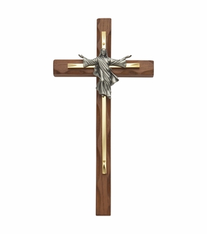 10 Inch Carved Walnut and Brass Cross with Pewter Risen Christ