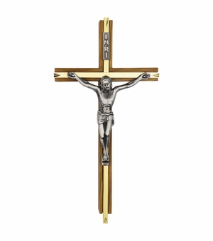 10 Inch Dark Oak Wood and Gold Plated Cross Wall Crucifix with Pewter Christ Corpus