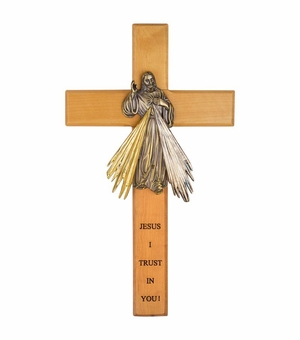10 Inch Engraved "Jesus I Trust In You" Oak Wood Wall Cross with Gold Antiqued Pewter Risen Christ
