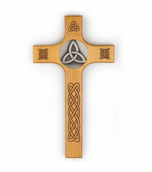 10 Inch Maple Wood Irish Wall Cross with Triquetra Symbol Medallion