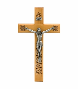 10 Inch Maplewood and Antiqued Pewter Celtic Holy Trinity Wall Crucifix