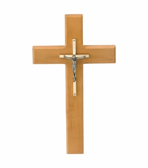 10 Inch Maplewood, Brass, and Pewter Wall Crucifix