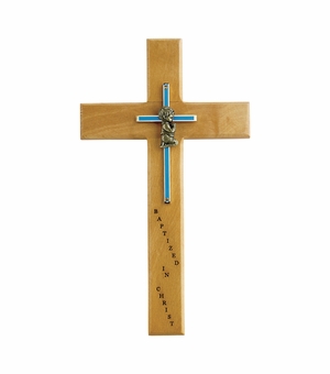 10 Inch Personalized Baptism Baby Boy Maple Wood and Brass Wall Cross