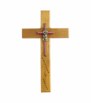 10 Inch Personalized Baptism Baby Girl Maple Wood and Brass Wall Cross