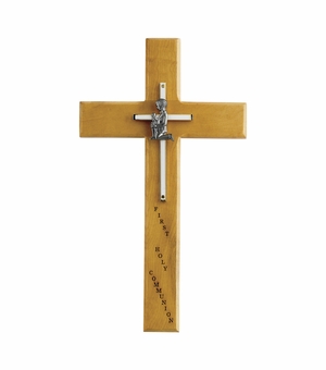 10 Inch Personalized First Communion Boy Maple Wood and Brass Wall Cross