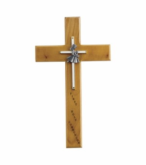 10 Inch Personalized First Communion Girl Maple Wood and Brass Wall Cross