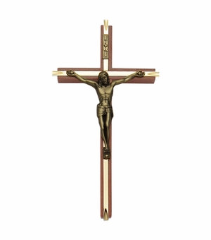 10 Inch Walnut and Brass Wall Crucifix with Antiqued Gold Pewter Corpus