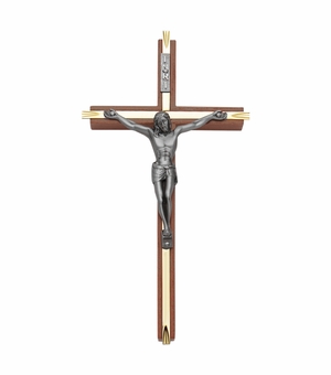 10 Inch Walnut and Brass Wall Crucifix with Antiqued Pewter Corpus