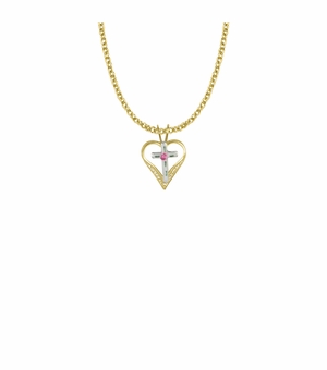11/16 Inch 14KT Gold Plated  Over Sterling Silver Enameled Filigree Cross and Heart Necklace