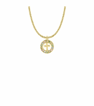 11/16 Inch 24KT Gold Plated Over Sterling Silver Cross Necklace Emodied in a Multi-Color Crystal Stone Circle Design