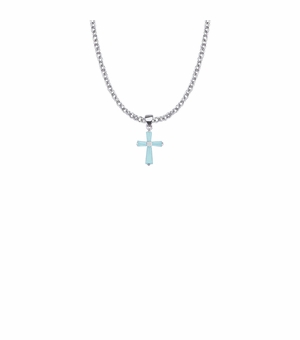 11/16 Inch Sterling Silver Aqua Cubic Zirconia Baguette Cross Necklace