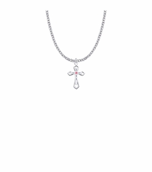 11/16 Inch Sterling Silver Enameled Rose and Open Pointed Ends Cross Necklace