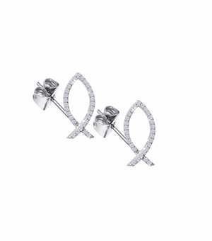 11/16 Inch Sterling Silver Fish Earrings with Cubic Zirconia Stones