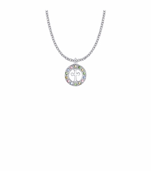 11/16 Inch Sterling Silver Open Circle Cross Necklace with Multi-Colored Cubic Zirconia Stones