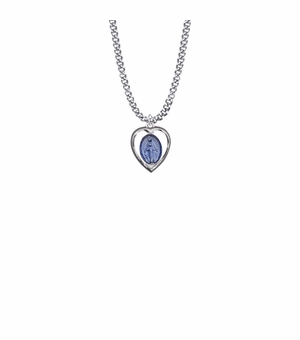 11/16 Inch Sterling Silver Pierced Heart Blue Enameled Miraculous Medal