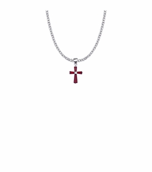 11/16 Inch Sterling Silver Ruby Cubic Zirconia Baguette Cross Necklace