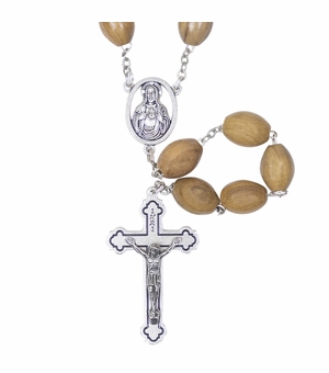 11mm Wood Bead Rosary with Crucifix and Sacred Heart Center