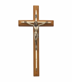 12 Inch Walnut and Engraved Brass Wall Crucifix with Antiqued Gold Pewter Corpus