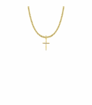 13/16 Inch 14KT Gold Plated Over Sterling Silver Pointed Ends Cross Necklace with Cubic Zirconia Stone