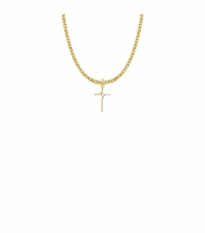 13/16 Inch 18KT Gold Plated Over Sterling Silver Modern Looking Cross Necklace with Cubic Zirconia Stone