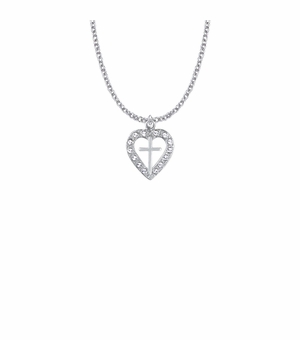 13/16 Inch Silver Plated Pierced Heart and Cross Necklace with Crystal CZ Stones