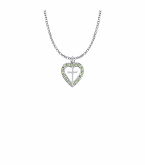 13/16 Inch Silver Plated Pierced Heart and Cross Necklace with Peridot CZ Stones