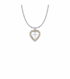 13/16 Inch Silver Plated Pierced Heart and Cross Necklace with Topaz CZ Stones