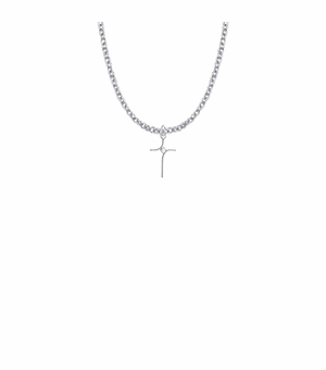 13/16 Inch Sterling Silver Modern Looking Cross Necklace with Cubic Zirconia Stone