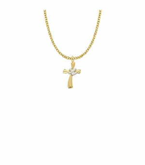 13/16 Inch Two-Tone 14KT Gold Plated Over Sterling Silver Dove on Ribbon Cross Necklace