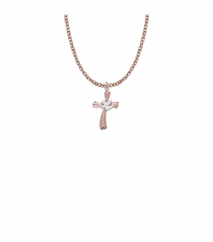 13/16 Inch Two-Tone Rose Gold Over Sterling Silver Dove on Ribbon Cross Necklace