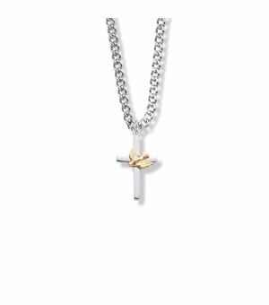 13/16 Inch Two-Tone Sterling Silver Dove on Cross Necklace