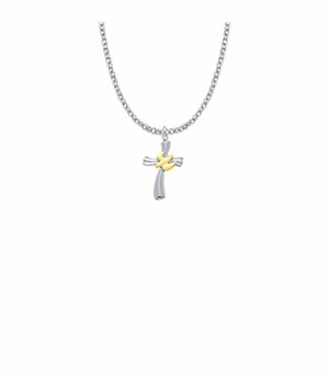 13/16 Inch Two-Tone Sterling Silver Dove on Ribbon Cross Necklace