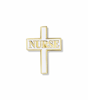 13/16 x 5/8 Inch Gold Enameled "Nurse" Cross Lapel Pin