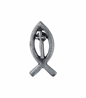 13/16 x 7/16 Inch Pewter Christian Ichthus Fish with Cross Lapel Pin