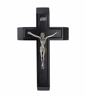 13 Inch Black Stained Wood Crucifix Sick Call Set with Pewter Corpus