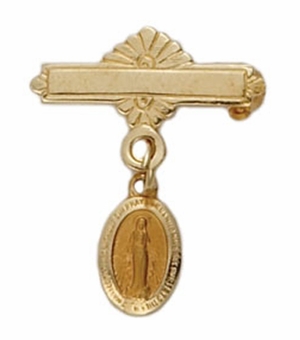 14K Gold Bar Pin with Miraculous Medal