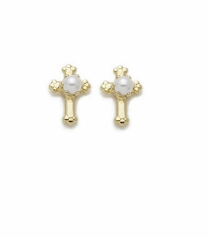 14K Gold Filled Budded Cross w/Pearl Ear Post Earrings