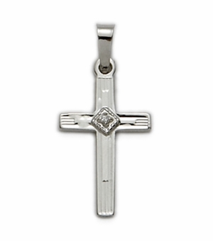 14K White Gold Cross Necklace in a Genuine Diamond and Multi-line Engraved Design