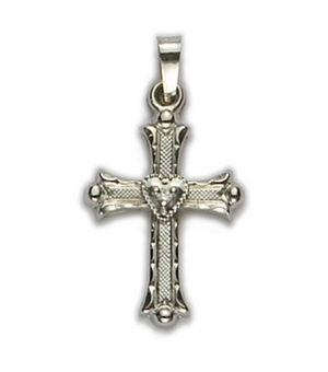 14K White Gold Cross Pendant in a Budded Design with a Centered Heart and Florentine Finish