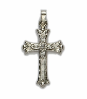 14K White Gold Cross Pendant in a Flor De Lei Cross Design with a Florentine Finish