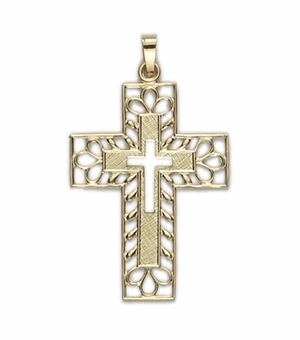 14KT Gold Cross Pendant in a Filagree Pierced Design with Inner Florentine Finish Cross