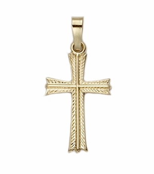 14KT Gold Cross Pendant in a Flared Etched Design