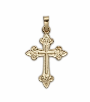 14KT Gold Cross Pendant in a Pointed Scroll Ends Design